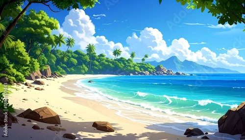 Wallpaper Mural Tropical beach scene with white sand, turquoise water, and lush green foliage Torontodigital.ca