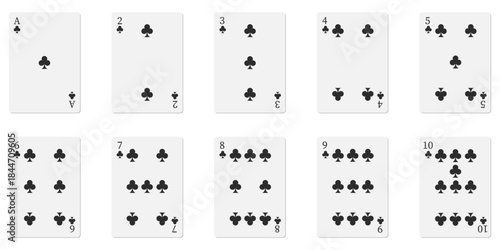 Spade suit playing cards shown from ace through ten. Black spade pips form a clean casino card set on white background. Ideal for poker visuals, gambling themes, and card game illustrations.