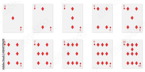 Diamond suit playing cards arranged from ace to ten. Classic red casino cards on white background show clear ranks and pips. Ideal for poker, blackjack, gaming, and card design projects.