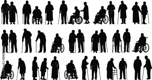 Elderly People Silhouettes Collection with Walking Sticks Wheelchairs Care Assistance and Senior Lifestyle Black Vector Illustration