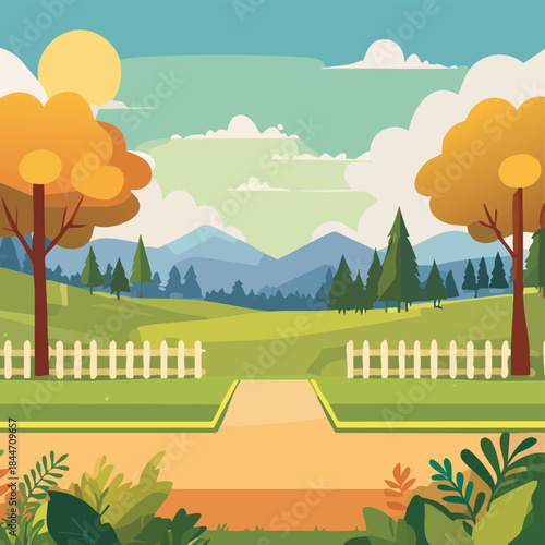 Vibrant autumn scenery in a tranquil cartoon park setting