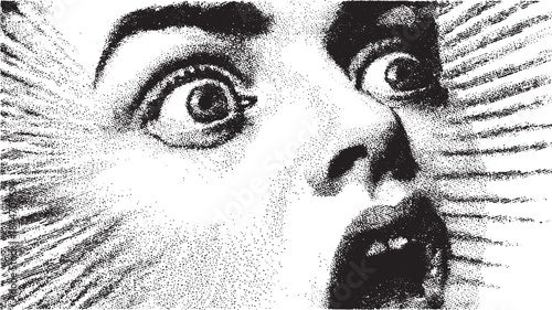Vector illustration of a screaming face with distorted features. A graphic representation in black and white, showcasing intense expression and powerful visual impact.