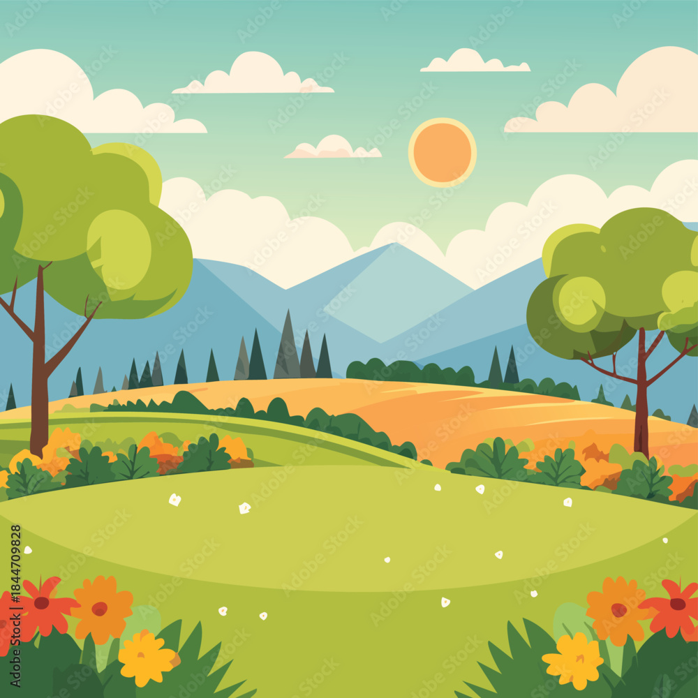 Fototapeta premium Peaceful Animated Landscape Sunny Sky Green Trees and Colorful Flowers