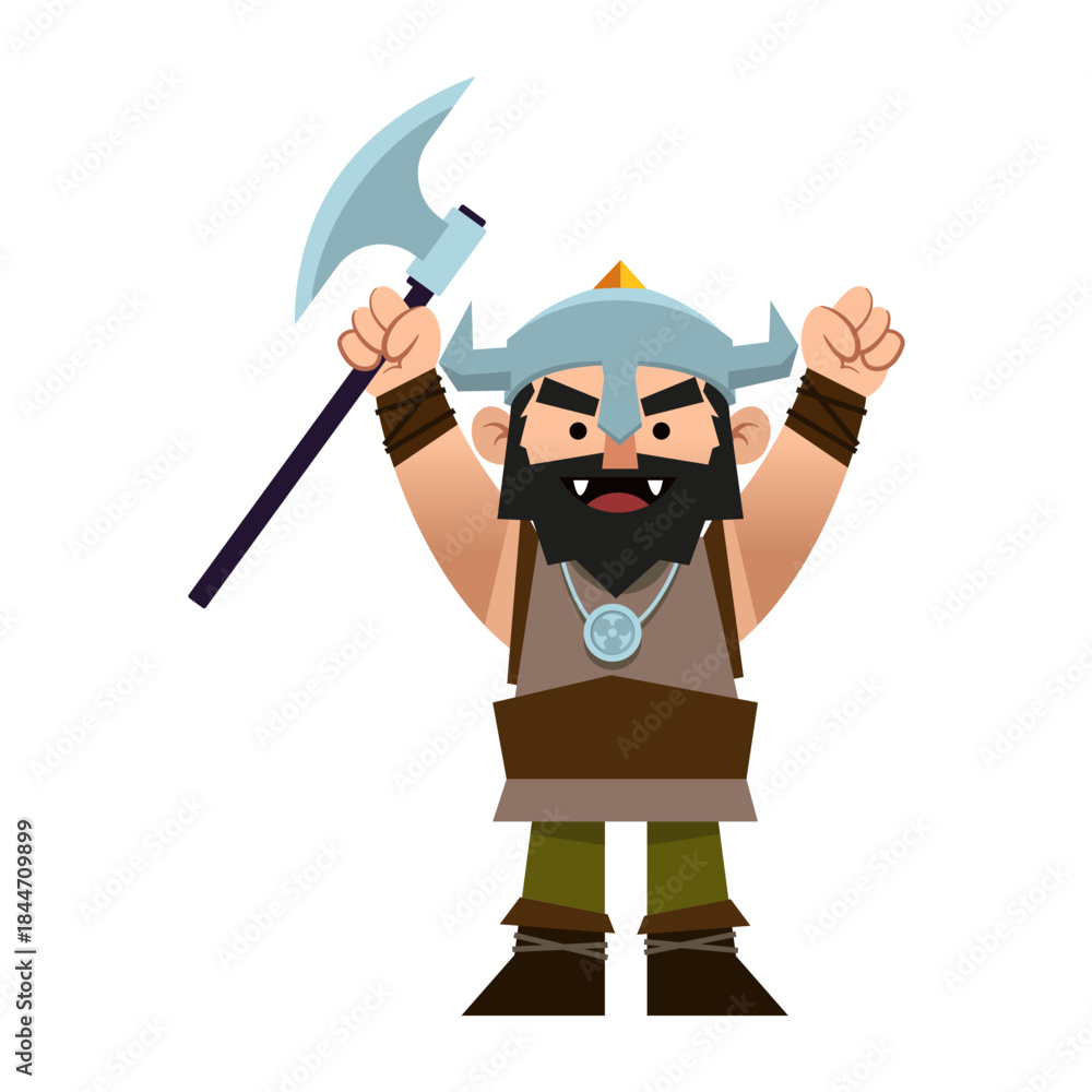 Obraz premium Fierce cartoon warrior celebrates victory with battle axe raised high, a fun and energetic vector graphic perfect for gaming, history, and fantasy projects