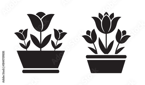 Black silhouette of tulips in pots simple vector illustration