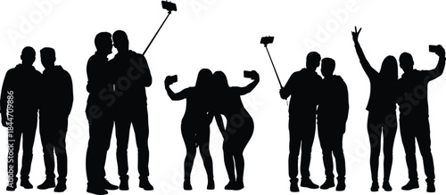 Friends Taking Selfies Silhouettes Set of Young People Using Smartphones Celebrating Friendship Social Media Black Vector Illustration