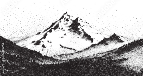 Mountain landscape in black and white. Snow-covered peak with stylized texture and simple graphic elements. Vector illustration on canvas.