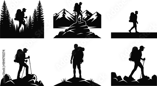 Hiking Silhouettes Set of Backpackers Walking Climbing Mountains and Forest Trails Outdoor Adventure Travel Black Vector Illustration