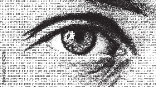 Eye with digital binary data in a monochrome vector illustration symbolizing information analysis and perception.