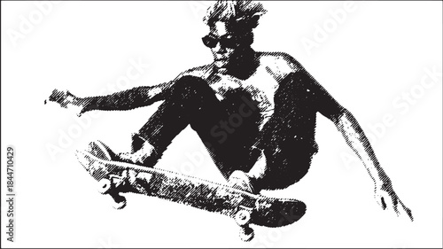 Skateboarder performing a jump in dynamic motion. Bold black and white graphic illustration in vector format.
