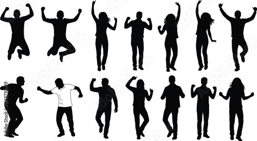 Jumping Dancing People Silhouettes Set of Men and Women Celebrating Energy Motion Party Black Vector Illustration Isolated White Background Design