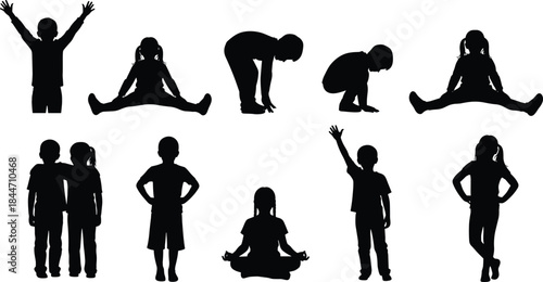 Kids Silhouettes Set of Boys and Girls Standing Sitting Stretching Exercising Playing and Meditating Healthy Lifestyle Black Vector Illustration