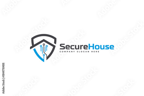Home Protect logo design template. Vector shield and house logotype illustration. Graphic home security icon label. Modern building alarm symbol. Security sign badge