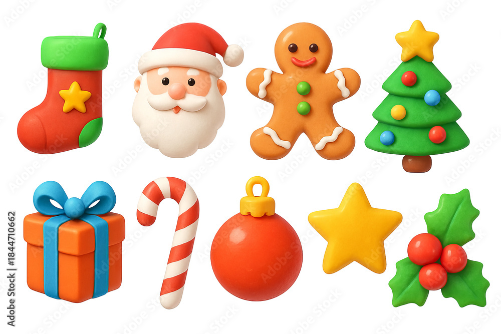 Fototapeta premium Png collection of 3d christmas symbols featuring santa, tree, stocking, and more isolated on transparent background. concept of festive decor, holiday icons, winter celebration elements.