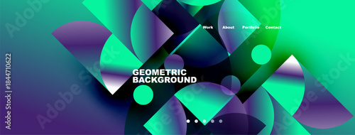 Abstract geometric background features vibrant gradients, overlapping shapes, text elements, navigation menu. Modern design, dynamic composition.