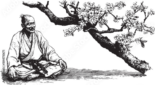 Man sitting under a blooming tree. Traditional ink illustration depicting meditation and harmony with nature. Vector art set.