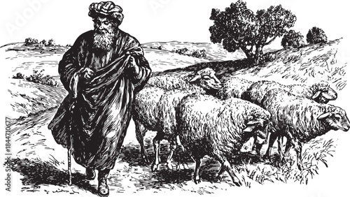 Shepherd walking with sheep in a pastoral landscape. Vintage black and white vector illustration of a rural Mediterranean hillside scene.