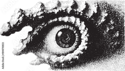 Detailed eye illustration in black and white. Unique graphic with texture and abstract patterns, created as a vector illustration.