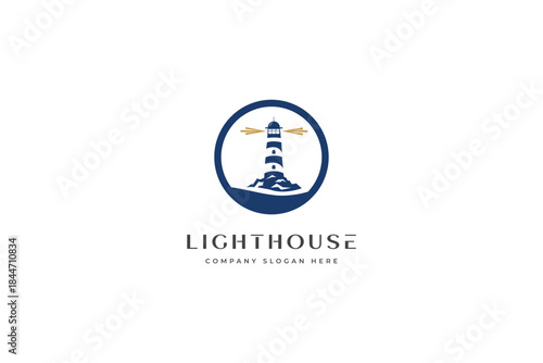 Lighthouse with rock and rays logo design vector inspiration.