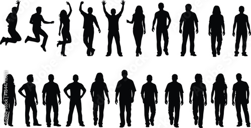People Silhouettes Set of Men and Women Walking Standing Jumping and Celebrating Daily Lifestyle Activities Black Vector Illustration