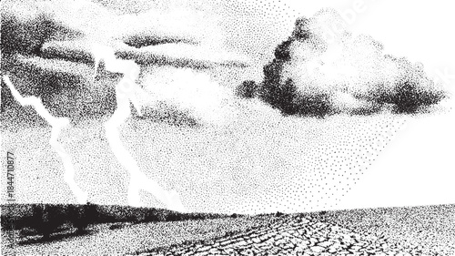 Monochrome landscape featuring lightning in the sky. This detailed vector illustration captures a dry, desiccated environment.