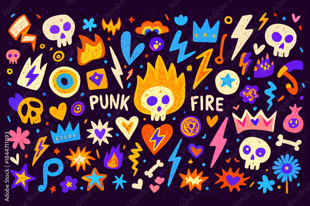 Fototapeta premium Colorful punk rock themed doodle art with skulls crowns and lightning bolts