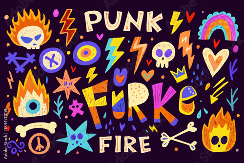 Colorful punk rock illustration with skulls flames lightning and artistic lettering