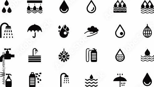 Collection of diverse black silhouette icons depicting various forms of water