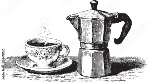 Coffee pot and cup with hot brew. Vintage set featuring porcelain details in a vector illustration.