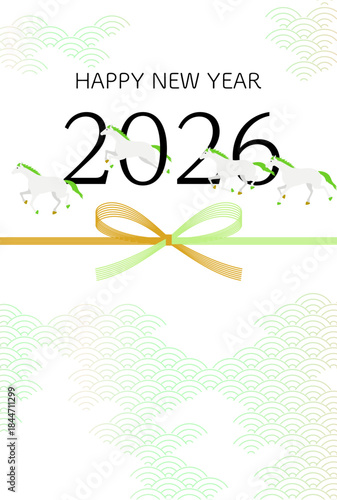 2026 New Year's greeting card, white horses running and Mizuhiki, New Year's postcard material