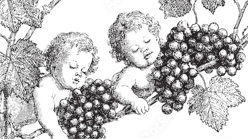 Babies surrounded by a bunch of grapes and leaves. Vintage vector illustration depicting a classic nature scene.