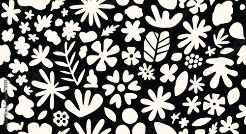 Seamless pattern with abstract white flowers and leaves on a black background in a simple modern Scandinavian style for textiles.