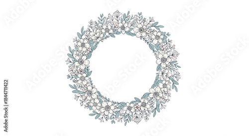 Beautiful hand-drawn circular floral wreath with delicate white flowers and blue-gray leaves perfect for wedding invitations.