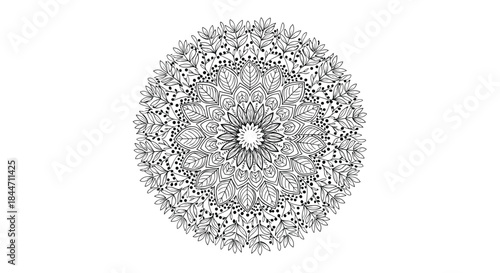 Intricate black and white circular mandala pattern with detailed leaves and berries for coloring books and spiritual decoration.