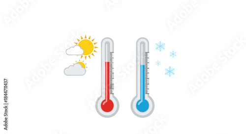 Two thermometers showing hot and cold temperatures with sun and snowflake icons to illustrate weather and climate measurement.