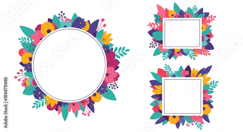 Set of three beautiful floral frames in circle and square shapes with colorful flowers and leaves perfect for invitations.