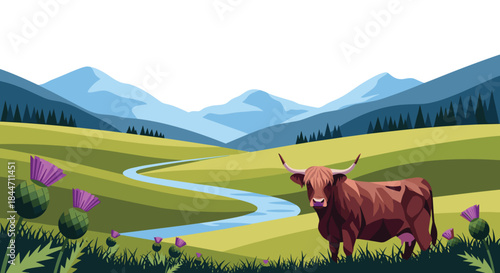 Scottish landscape with a highland cow standing in a green field with thistles mountains and a river in the background.