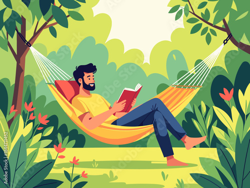 Man relaxing in hammock reading a book surrounded by lush greenery and colorful flowers