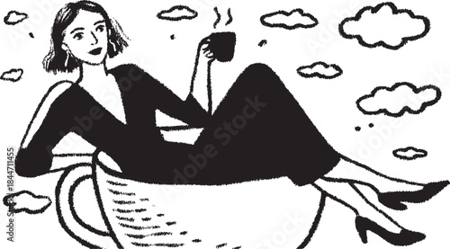 Woman silhouette sitting in a cup, enjoying coffee. Artistic black outline on a white background, featuring clouds in a minimalist vector illustration.