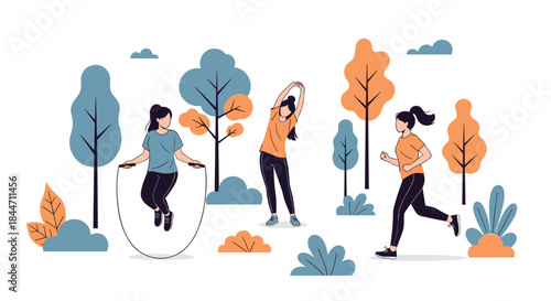 Group of young women enjoying a healthy lifestyle by exercising outdoors in a park with running jumping rope and stretching.