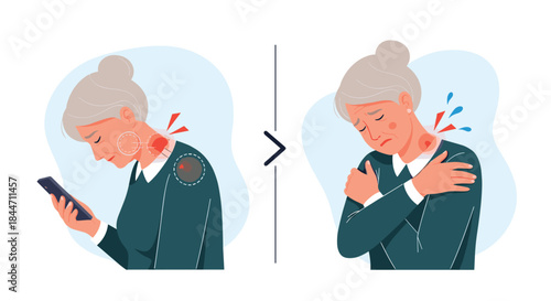 An illustration showing an elderly woman developing severe neck and shoulder pain from looking down at her smartphone for too long.