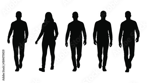 Group of people walking forward depicted as dark shapes against a white background silhouette