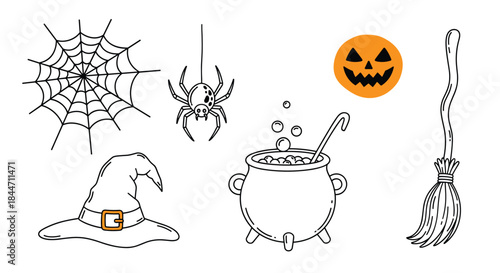 A set of hand-drawn black and white doodle icons for Halloween including a witch hat cauldron spider web and jack-o-lantern.