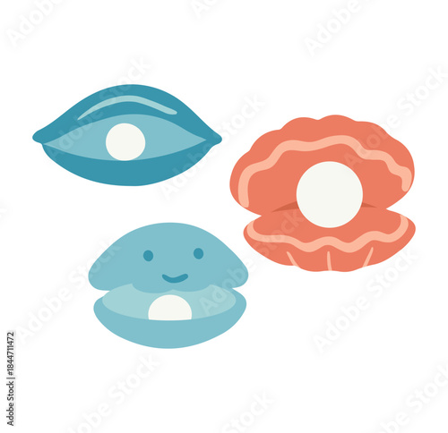 Adorable seashell family with happy smiling character and shimmering pearl treasure, capturing ocean's wonder, perfect for children's books and marine life education projects