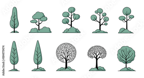 A diverse collection of stylized tree icons and silhouettes for landscape design including both lush and bare winter tree illustrations.