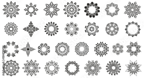A large collection of intricate and decorative hand-drawn snowflake and mandala designs perfect for winter and holiday projects.