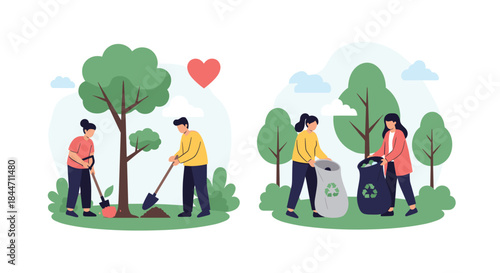 People caring for the environment by planting trees and collecting garbage for recycling as part of a volunteer conservation effort.