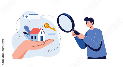 Real estate concept with a man using a magnifying glass to inspect a house and key symbolizing searching for a new property.