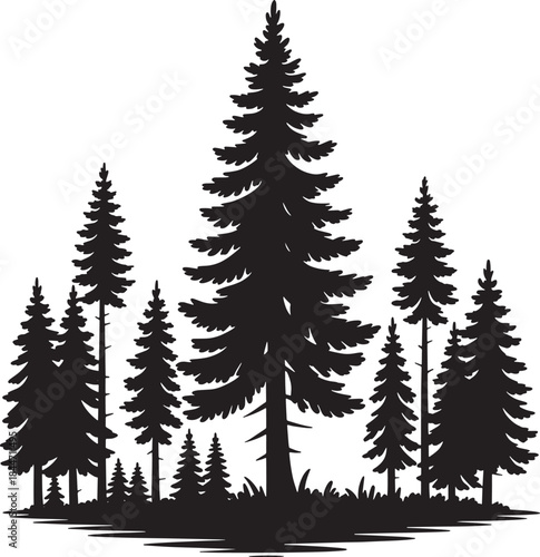 Pine Forest Silhouette Vector - Dense Evergreen Tree Landscape on Transparent Background for Nature Design, Environmental Graphics, Winter Scenes, and Outdoor Adventure Themes