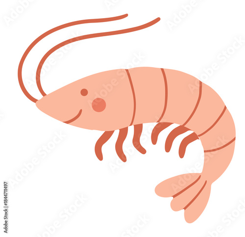 Cheerful shrimp illustration beckons seafood lovers, perfect for restaurant menus or ocean-themed designs, adding a friendly aquatic touch to any project with its simple charm